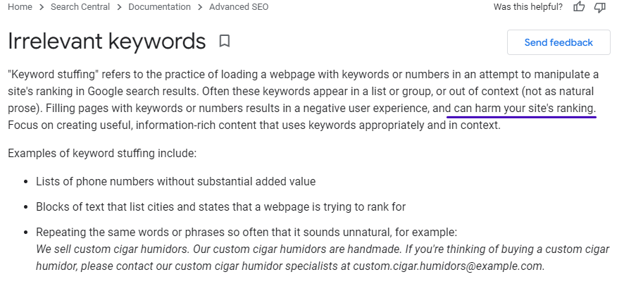 google zum Thema Keyword-Stuffing